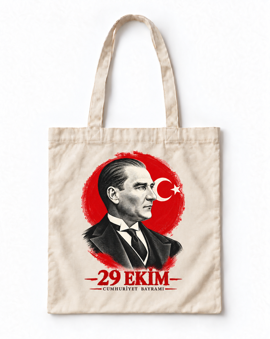 Cumhuriyet Portresi Atatürk ve Ay Yıldız Baskılı Ekru Bez Çanta 3... VMGA bez çanta görseli