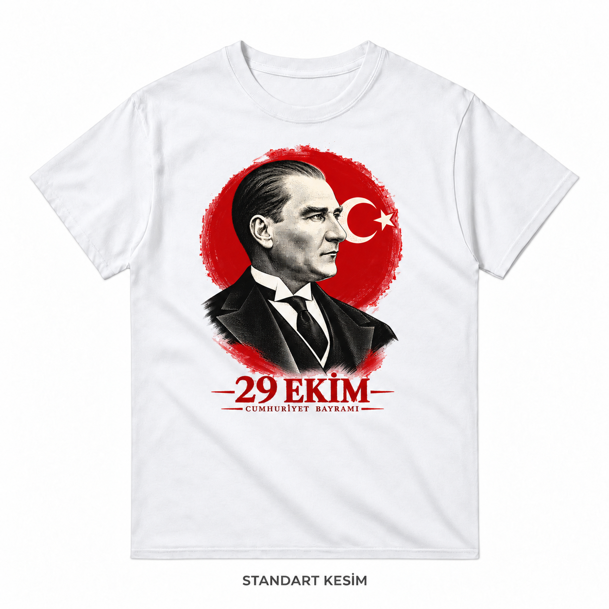 Cumhuriyet Portresi Atatürk ve Ay Yıldız Baskılı Beyaz Tişörtü VMGA tişört görseli