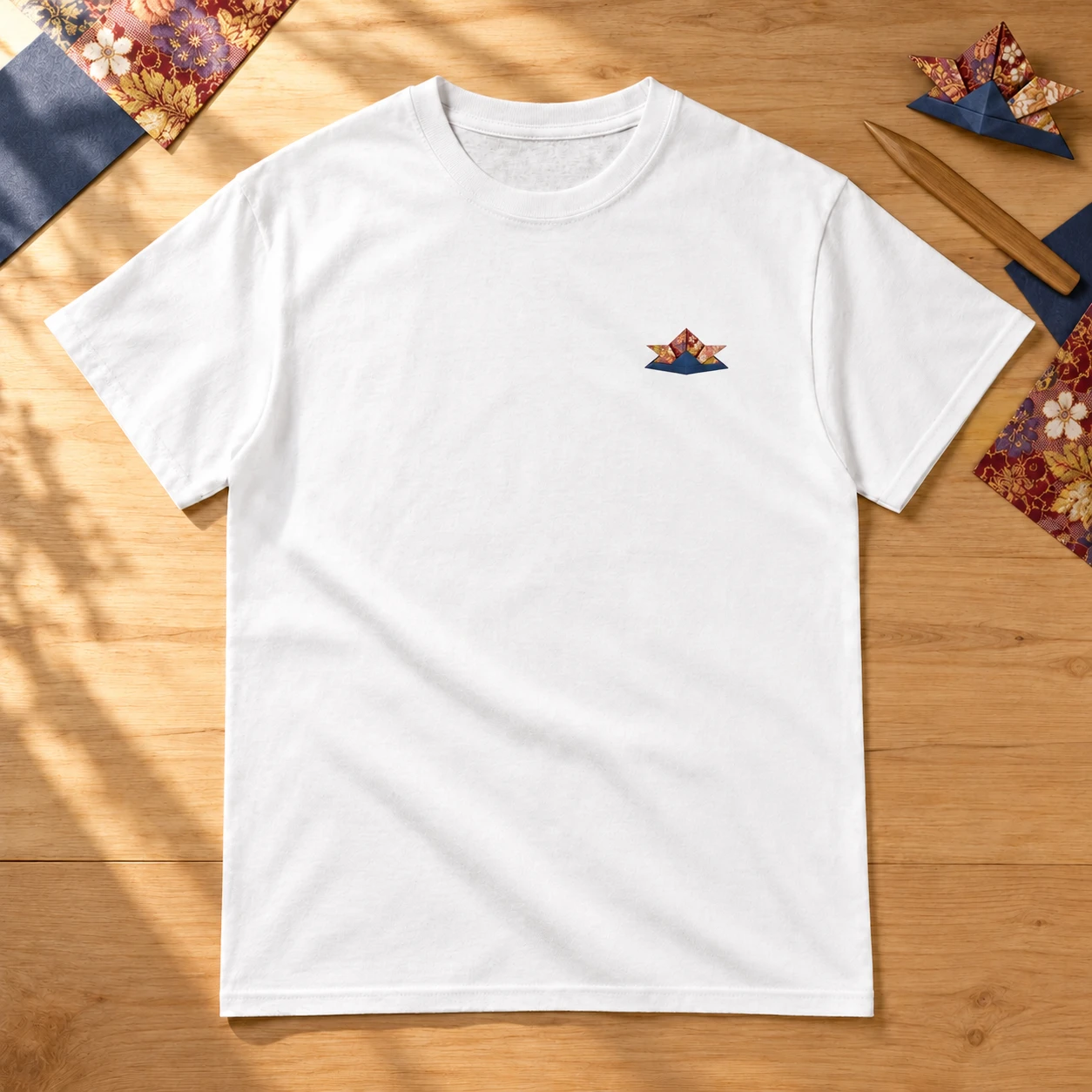Origami Miğfer Küçük Göğüs Baskılı Beyaz Unisex Tişört VMGA tişört görseli