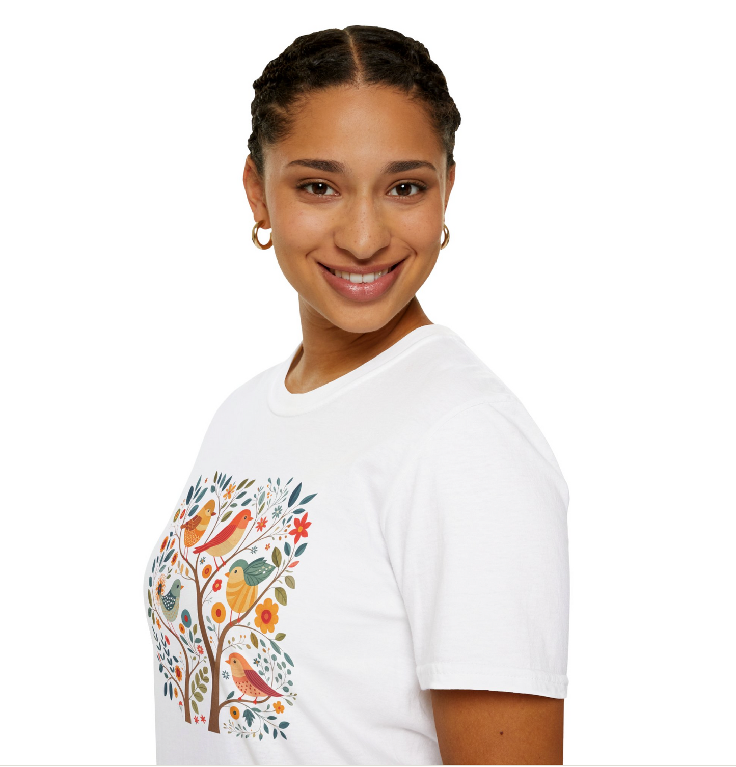 Renkli Kuş Desenli Beyaz Unisex Tişört – %100 Pamuk