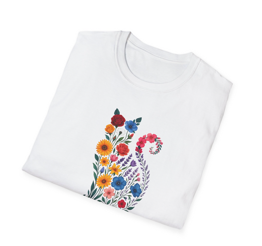 Çiçek Desenli Kedi Silüeti Beyaz Unisex Tişört – %100 Pamuk, XS-2XL
