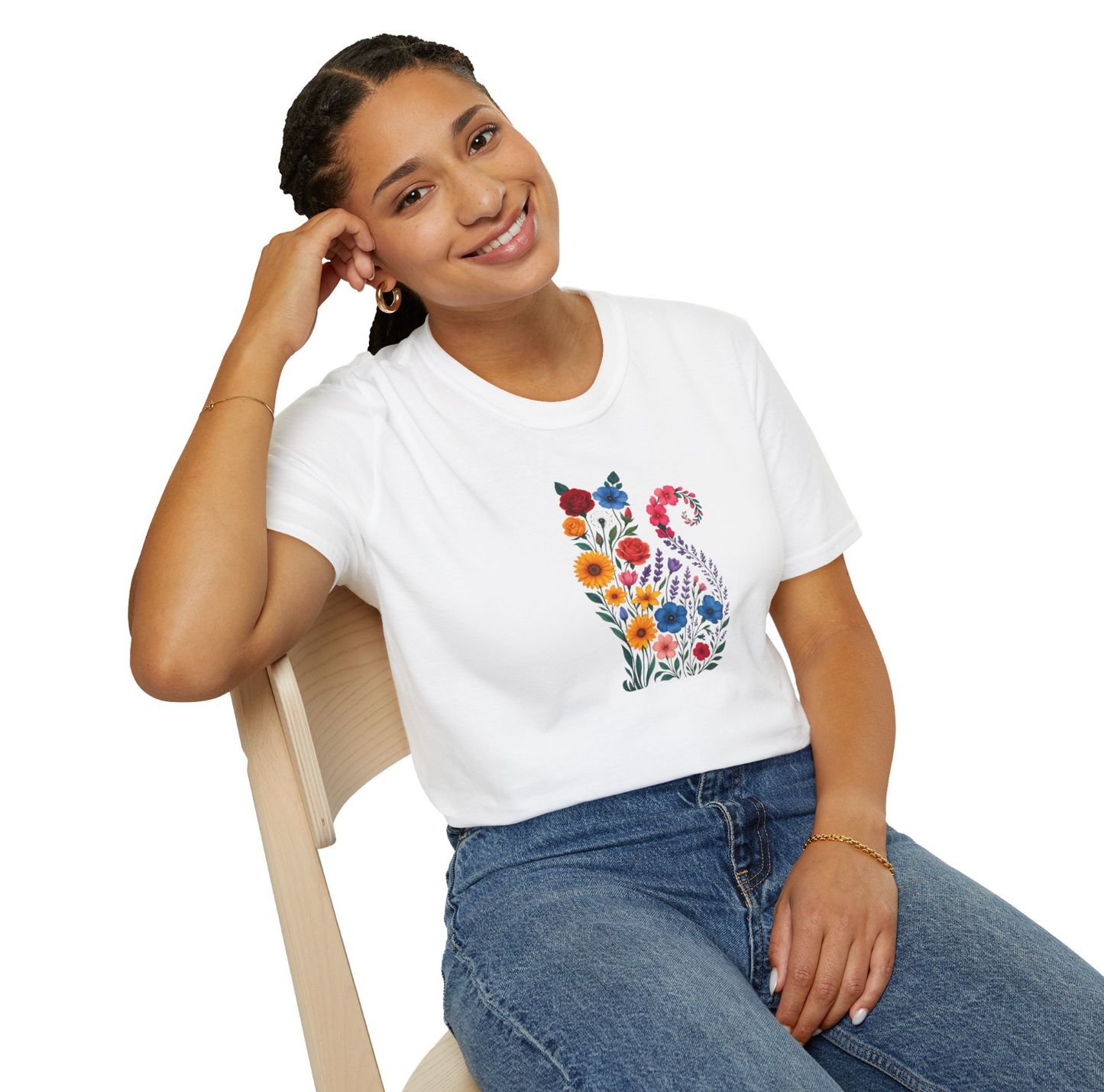 Çiçek Desenli Kedi Silüeti Beyaz Unisex Tişört – %100 Pamuk, XS-2XL