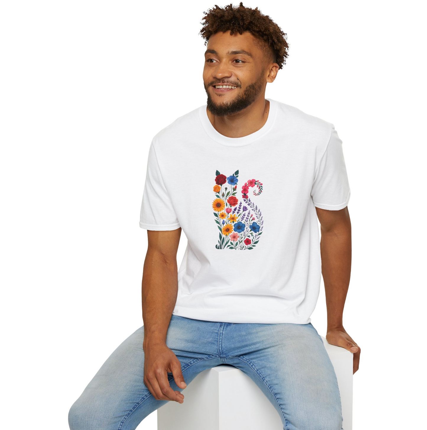 Çiçek Desenli Kedi Silüeti Beyaz Unisex Tişört – %100 Pamuk, XS-2XL