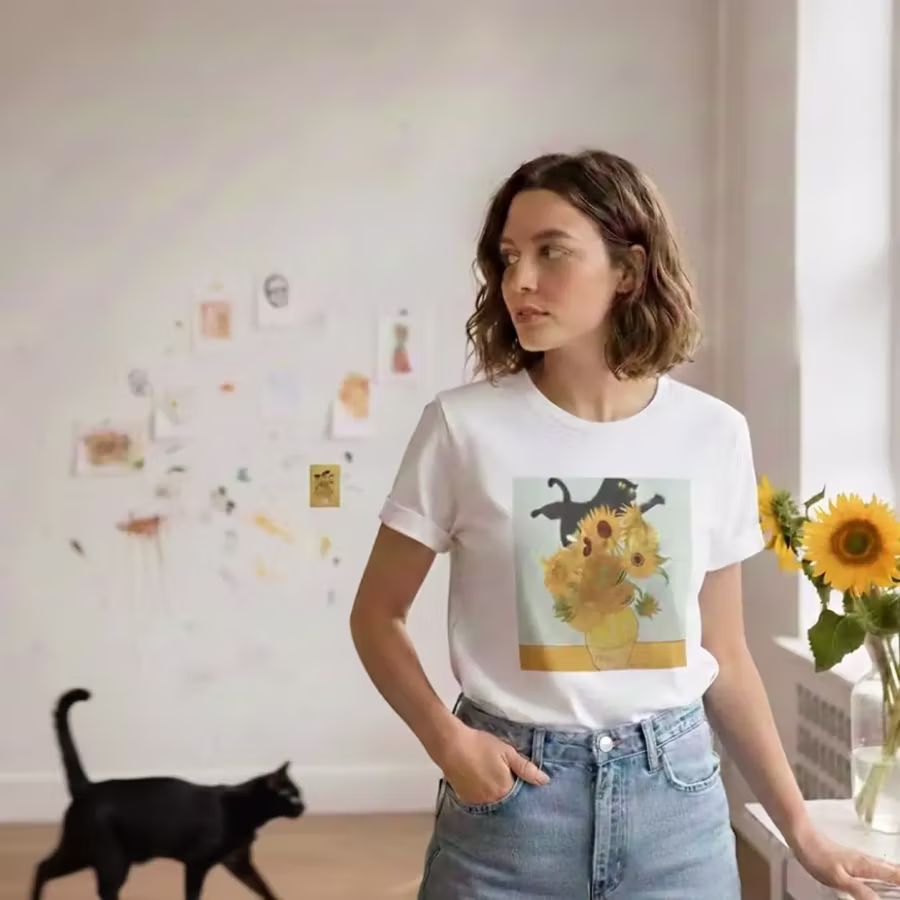 Van Gogh Sunflowers ve Kedi Kaosu Tişörtü VMGA tişörtü